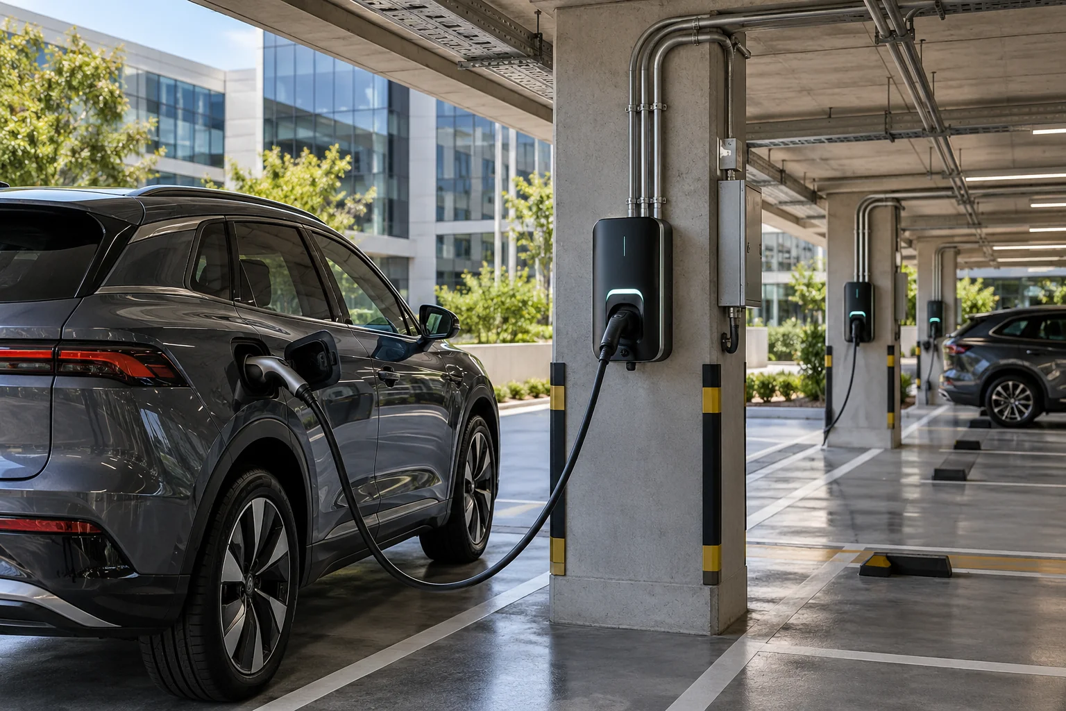 Wallbox para recarga de veículos em estacionamento de empresa